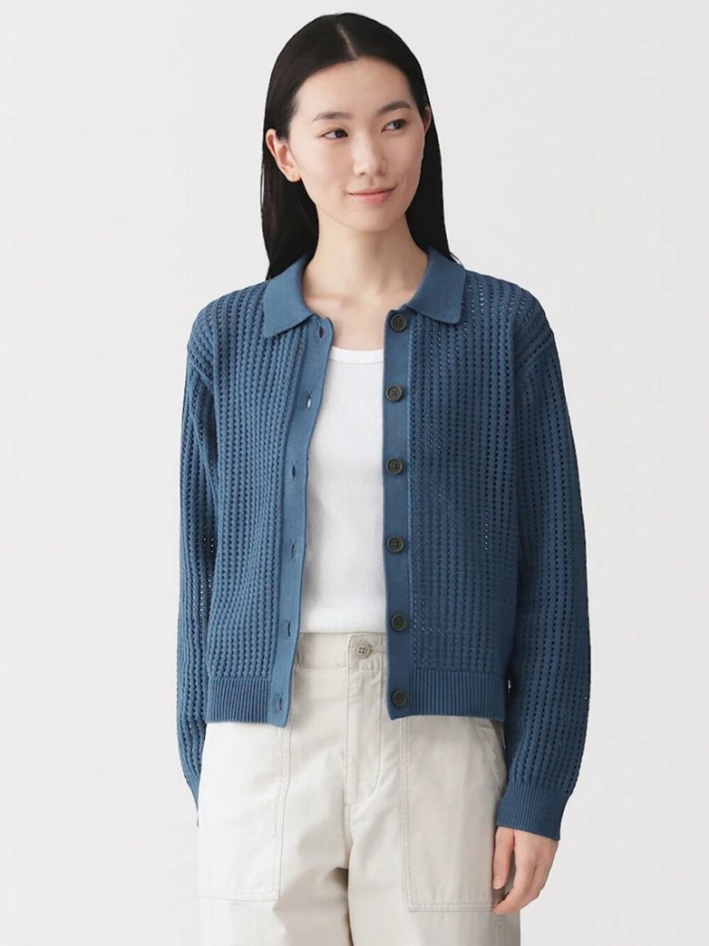 MUJI Open Knit Collared Button Cardigan | Medium